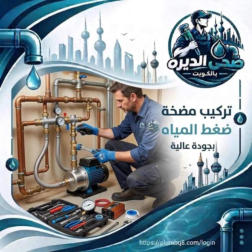 فني يركب مضخة رفع ضغط المياه على مواسير نحاسية مع مقاييس ضغط في الكويت