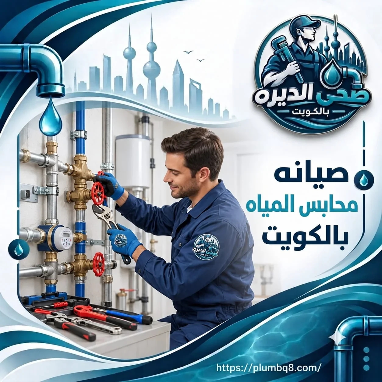 فني صحي يجري صيانة محابس المياه وعداد الماء في الكويت