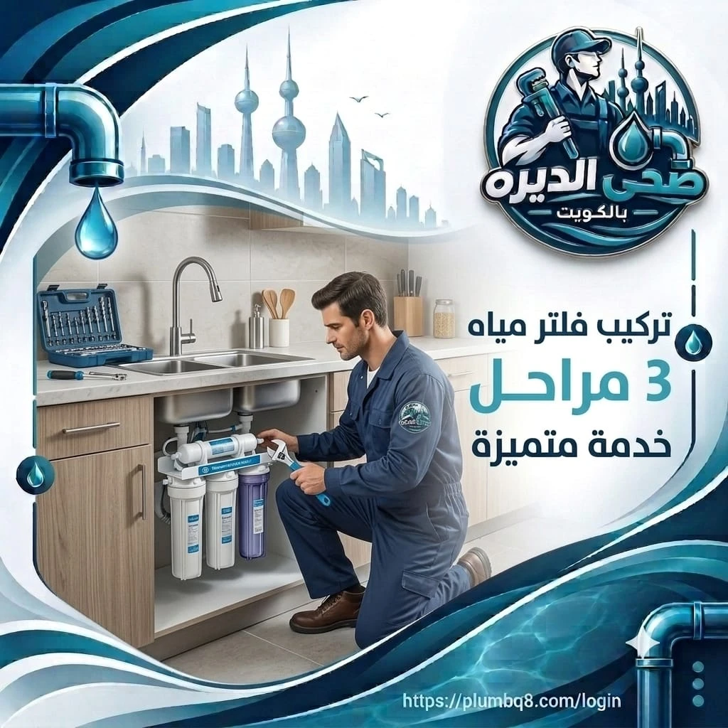 فني يركب فلتر مياه ثلاث مراحل تحت حوض المطبخ في الكويت