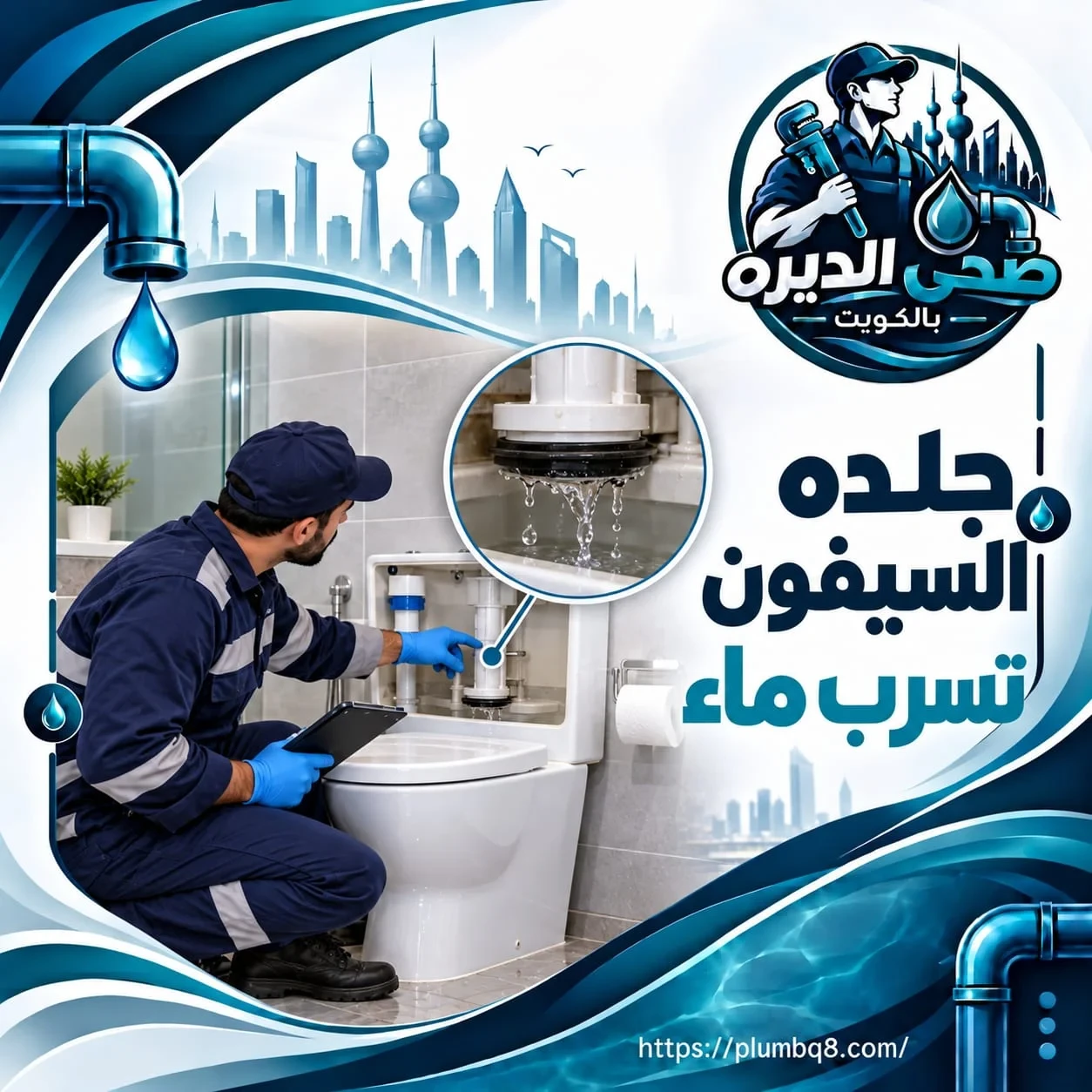 فني صحي يفحص جلدة السيفون التالفة التي تسبب تسرب الماء داخل المرحاض