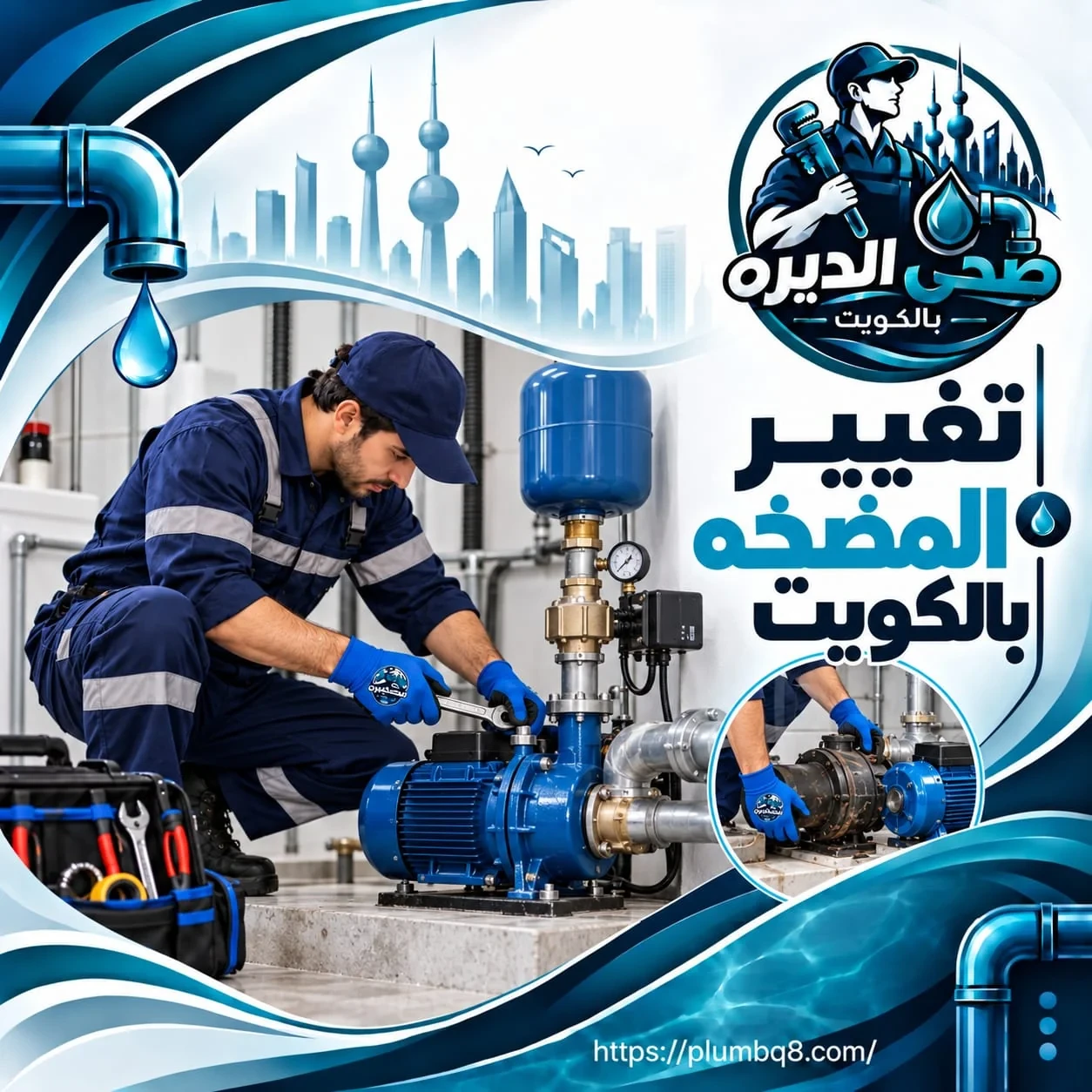 فني يغير مضخة المياه القديمة بمضخة جديدة في الكويت
