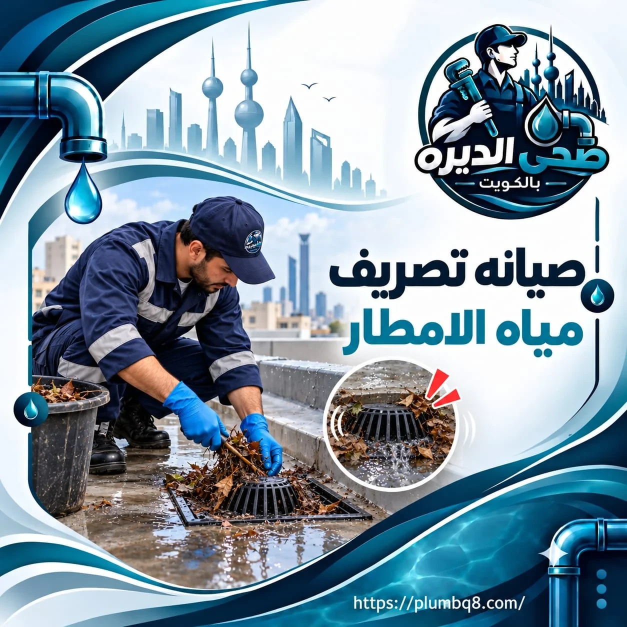 فني صحي يفحص ماسورة تصريف مياه المطر على سطح مبنى في الكويت