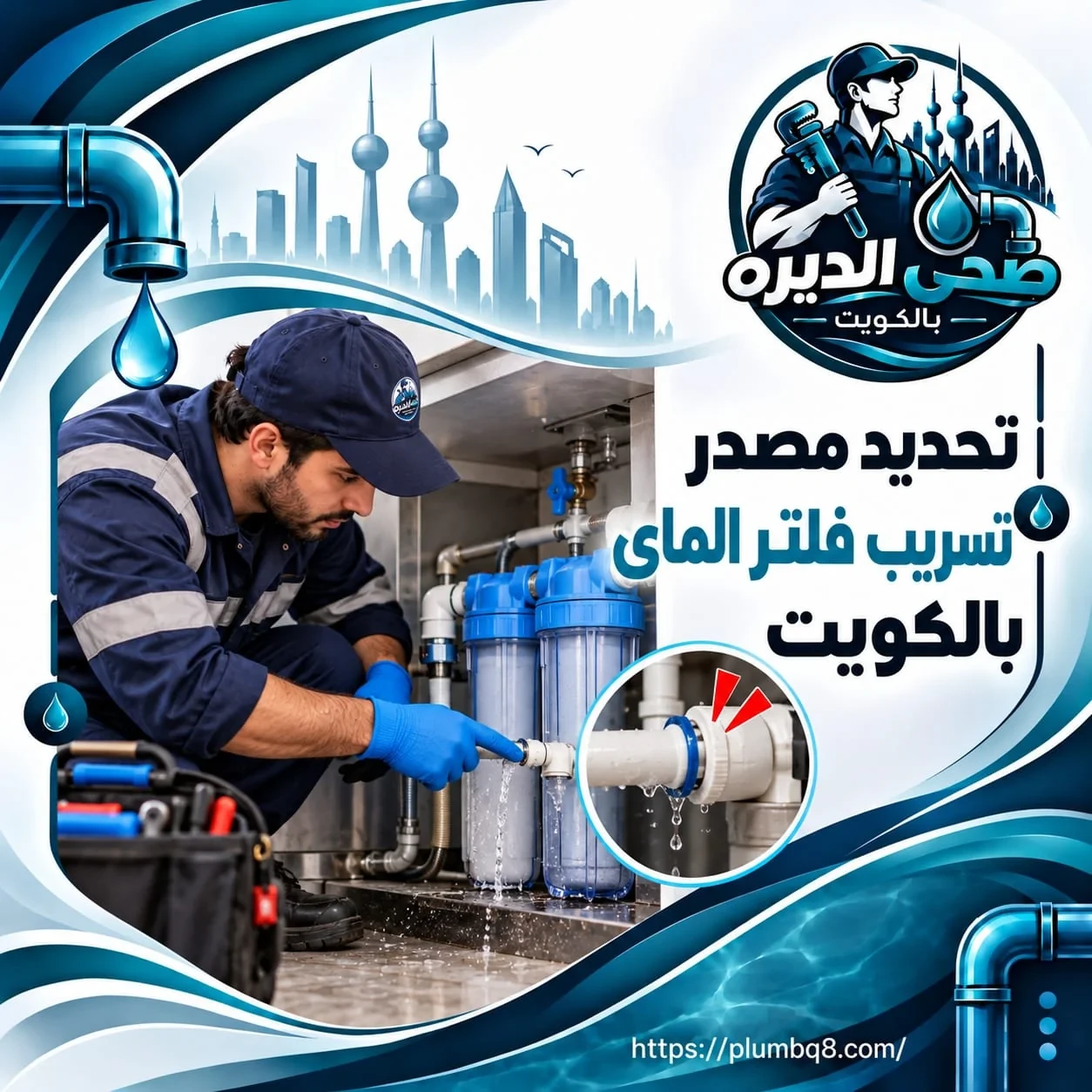 فني يحدد مصدر تسريب فلتر الماء تحت المغسلة في الكويت