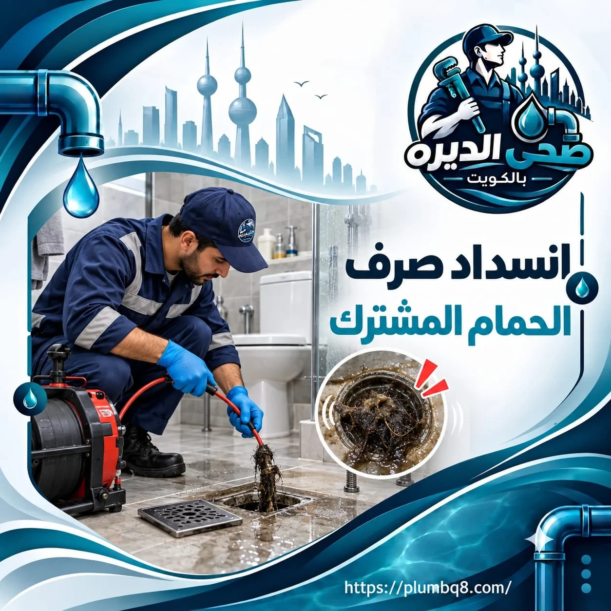 فني صحي يسلّك انسداد صرف الحمام المشترك بماكينة تسليك المجاري