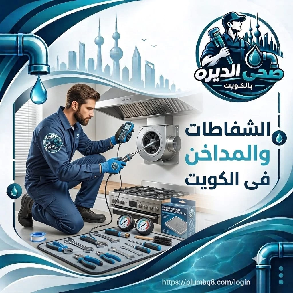 فني يفحص شفاط ومدخنة مطبخ بجهاز كشف وفرشاة تنظيف وعلبة فلاتر في الكويت