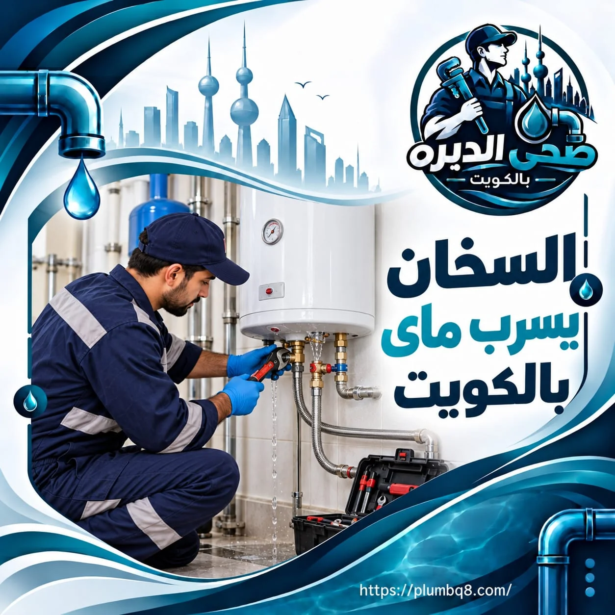 فني صحي يصلح سخان يسرب ماي من الوصلات السفلية بالكويت