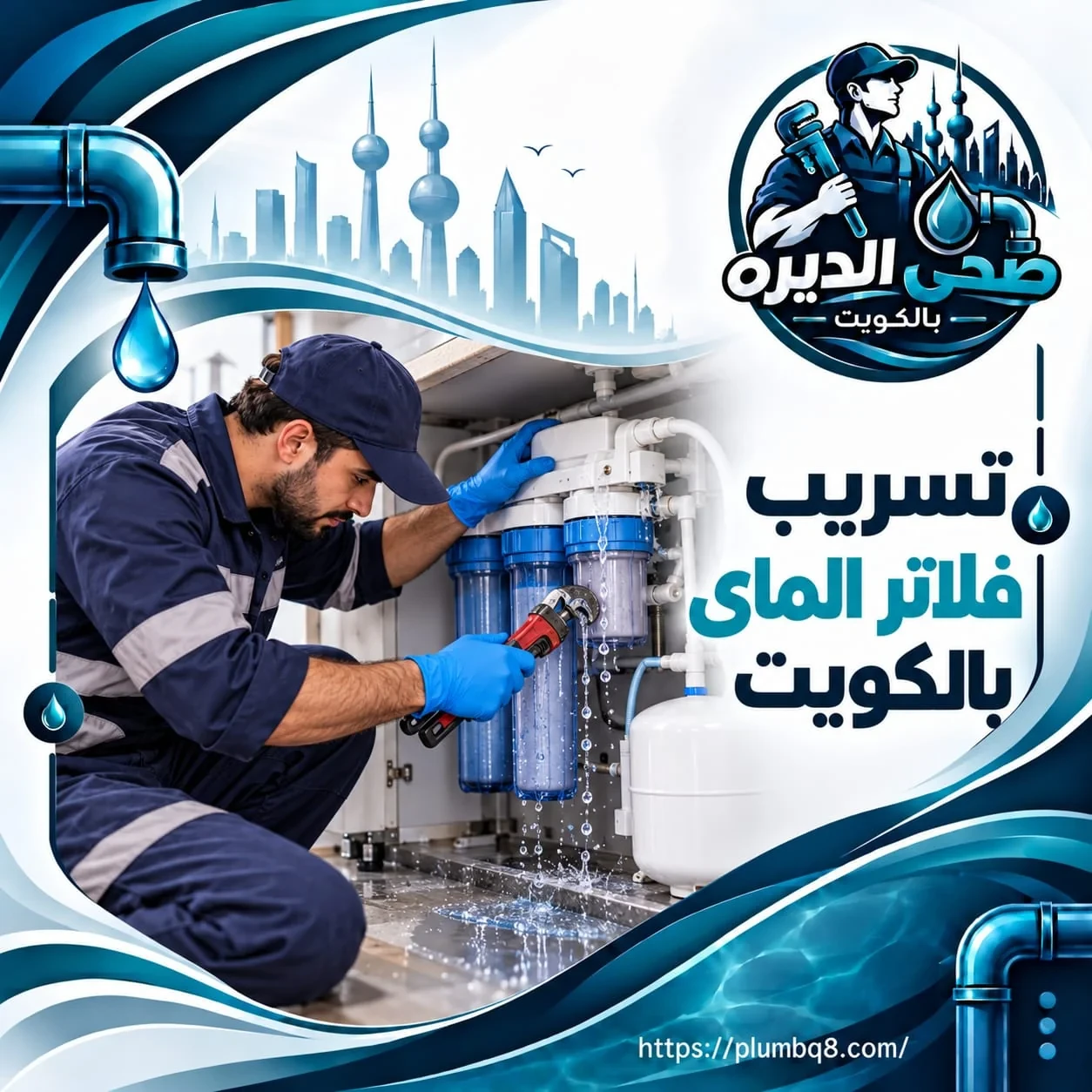 فني يصلح تسريب فلاتر الماء المنزلية بمفتاح ربط في الكويت